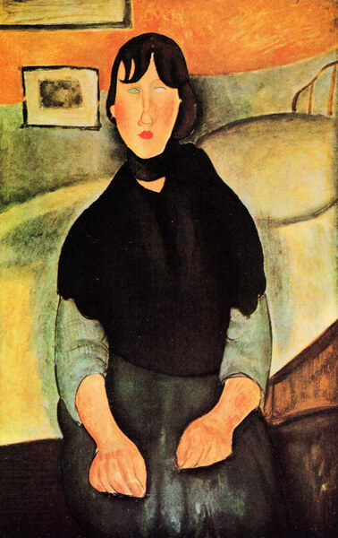 Modigliani - Young brown woman sitting on a bed by Modigliani
